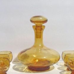 Mid century Blenko Amber Jeanie decanter and 8 glasses set 