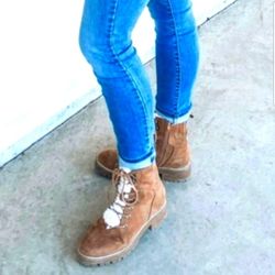 Universal Thread Tessie Sherpa Hiking Boots Faux Suede Leather Cognac Size 10