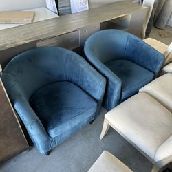 2 Blue Velvet Barrel Chairs