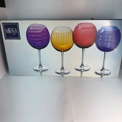 Mikasa Cheers Mix Wine Goblets Set 4 Balloon Glasses Colorful Hand Painted NIB