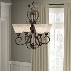 Karcher Dimmable Classic / Traditional Chandelier. 19'' H X 19'' W X 19'' D. Finish:  Rubbed Bronze. Shade Color:  Tea Stone Glass. MSRP  $313.55. Our