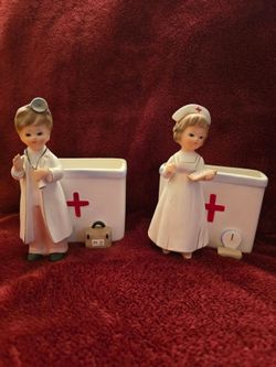 Vintage Doctor and Nurse Ceramic Figurine Planters Set