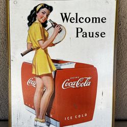 Vintage Coca-Cola Welcome Pause Tin Sign Vintage Ad Style Tennis