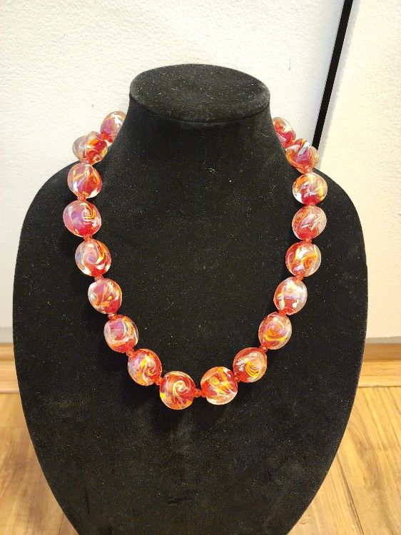 Vintage Murano Red Clear Glass Beads With Gold Dust Choker Necklace