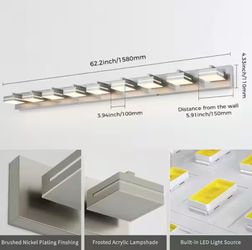 62.2 in. 9-Light Nickel LED Vanity Light with 5-CCT Adjustable Switch and Acrylic Lampshade