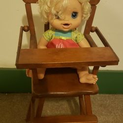 Early American Antique Wooden Doll Highchair With Food Tray