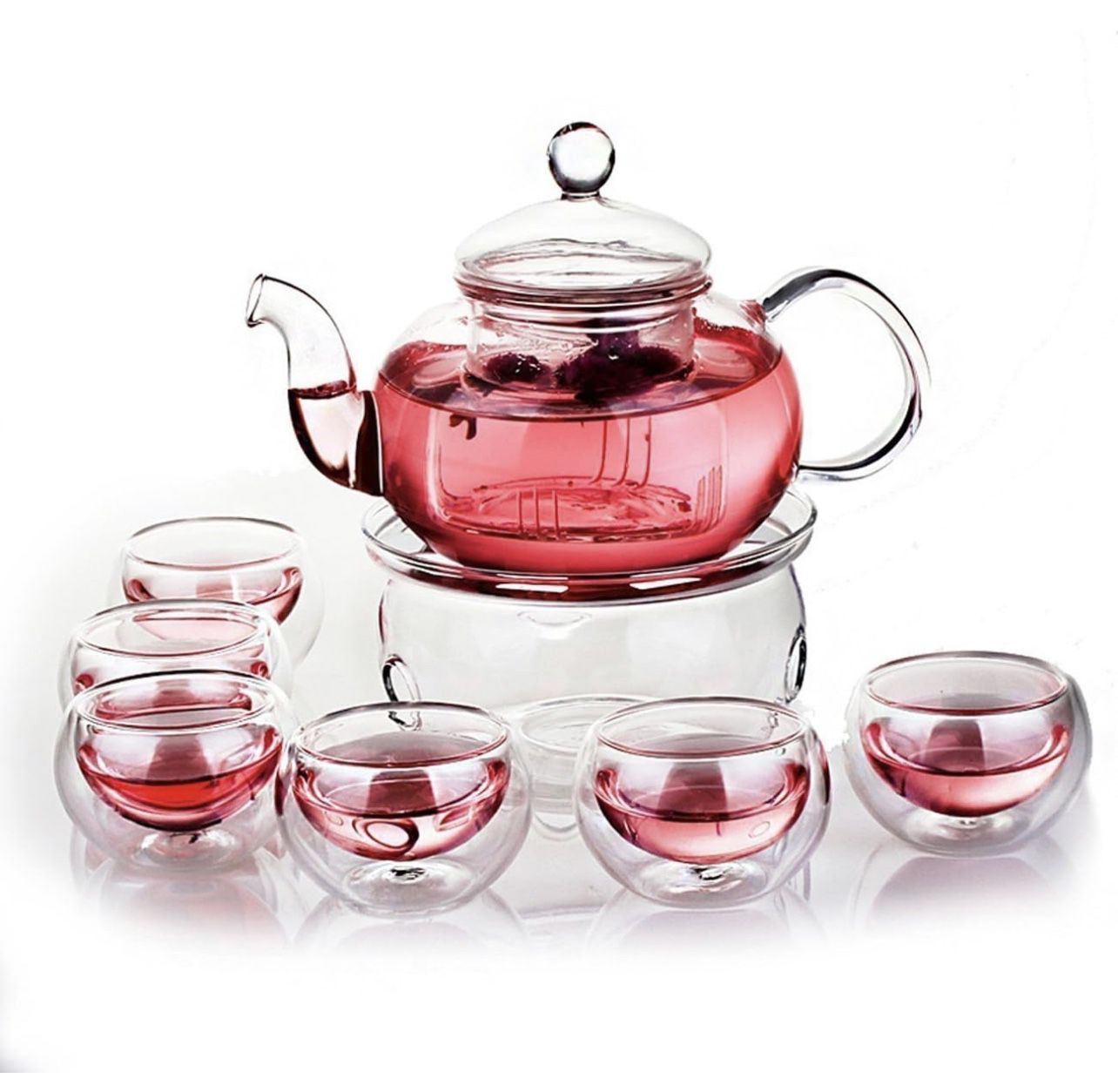 Glass Filtering Tea Maker Teapot with a Warmer and 6 Tea Cups Set 