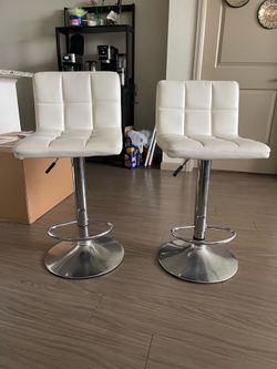 Set of 2 Adjustable Bar Stools – White Faux Leather