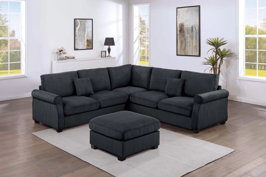 Brand New Black Corduroy Sectional Sofa With Ottoman