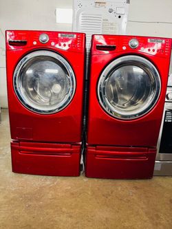 LG Red Front Load Washer & Dryer Set with Pedestals