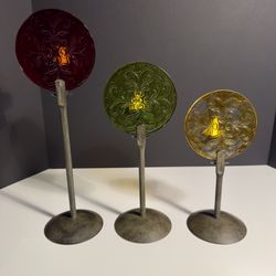 Set of Three Tea Candle Decorative Glass Discs Metal Stands