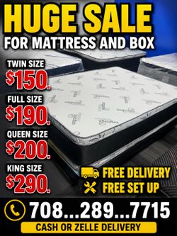 Huge sale for Mattress And Box brand  new Twin size #mattress and box 150.$ full 190$ Queen 200$ king 290$. free delivery free set up 708….289…7715… c