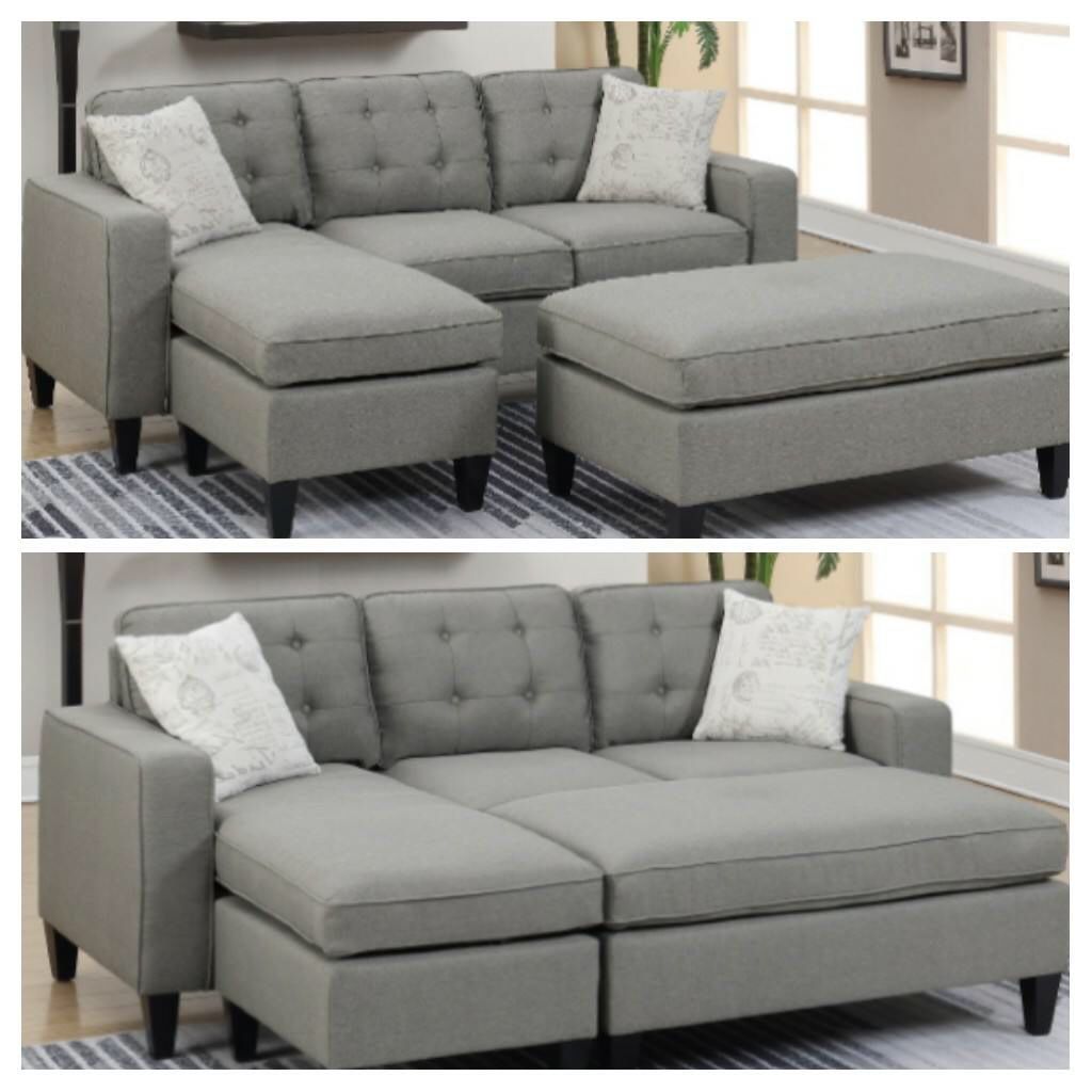 Reversible sectional sofa with ottoman light grey fabric