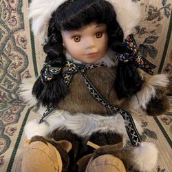 Alaskan Friends, Genuine Native Style Eskimo Girl Doll In Fur Coat