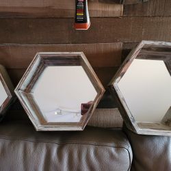 Rustic Hexagon Wood Mirror Wall Shelves