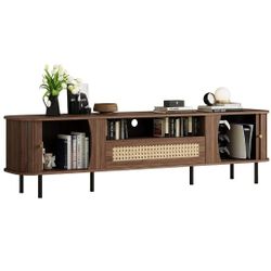 Coneve Fluted TV Stand - Modern Wooden Freestanding Home Entertainment Console, 75" TV Stand with 2 Storage, 2 Shelves-Curved Round Edge TV and Media 