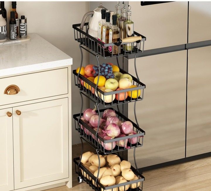 4 Tier Fruit Vegetable Basket for Kitchen, Storage Cart, Vegetable Basket Bins