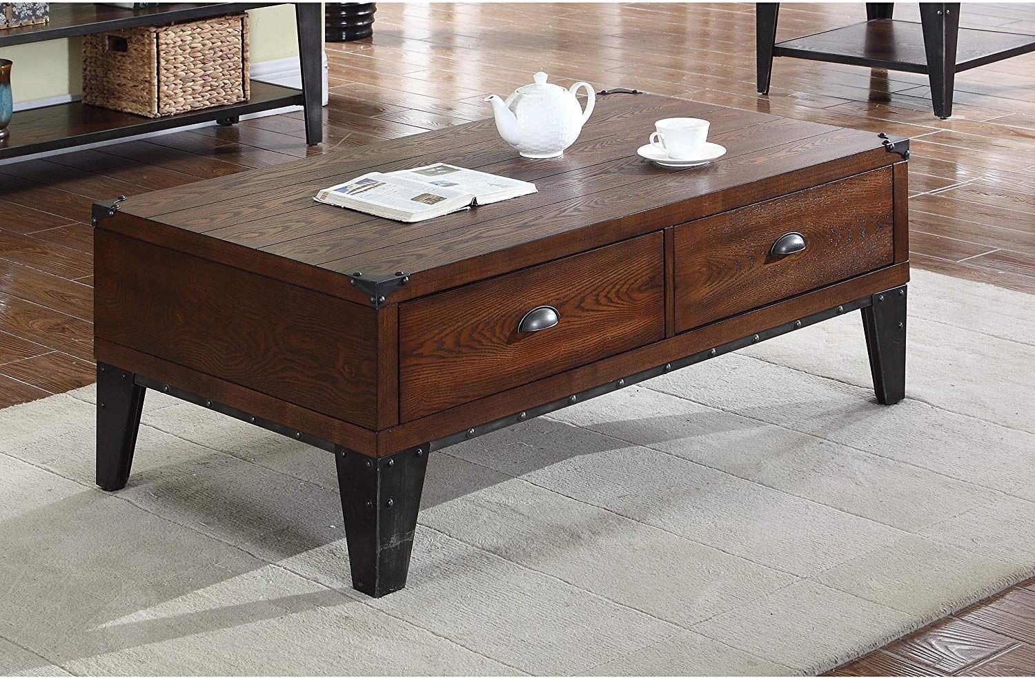 Best Master Furniture Carly Walnut With Black Iron Nail Heads Coffee Table