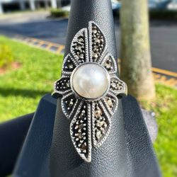 Jewelry .925 sterling silver white pearl  2.00CTW knight Ring size 7.75