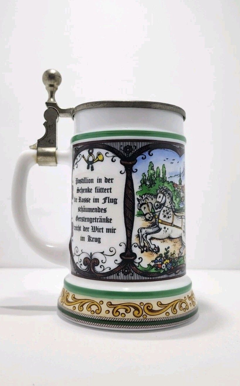 Rare BMF Bierseidel Beer Stein with Pewter Lid - Horse & Carriage, Colorful Desi
