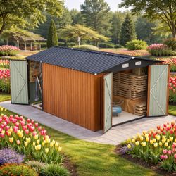 Outdoor Storage Shed 9×11 FT with 3 Lockable Doors,Utility Tool Shed Metal Storage Garden Sheds 4 Vents,Metal Sheds