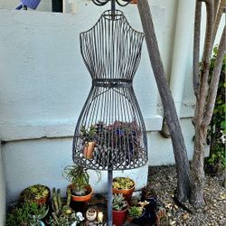 **UNIQUE VINTAGE DECOR**  for Garden Porch Entry ~ Black Metal  Wire Dress Bodice Form ~ Standing Hat Rack  **PRETTY filled with  PLANTS**