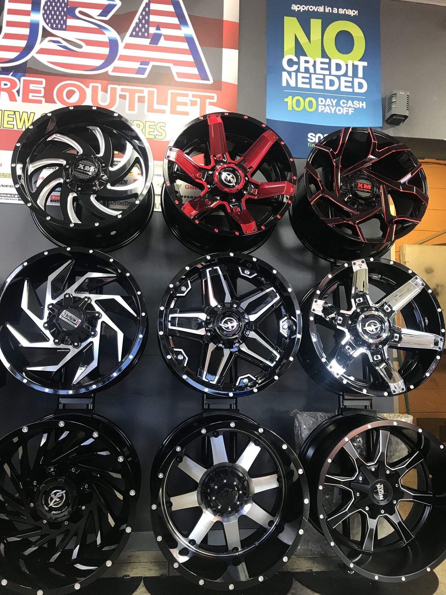 New wheels off road wheels and mud terrain tires mounted and balance and alignment free finance available 💯 days same cash 💵 ZERO Down 😍