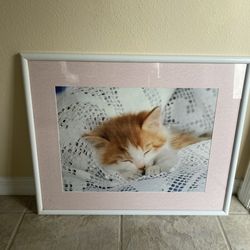 Vintage 90s Soft Aesthetic Sleeping Kitten Framed Art – Pink Matting & White Frame