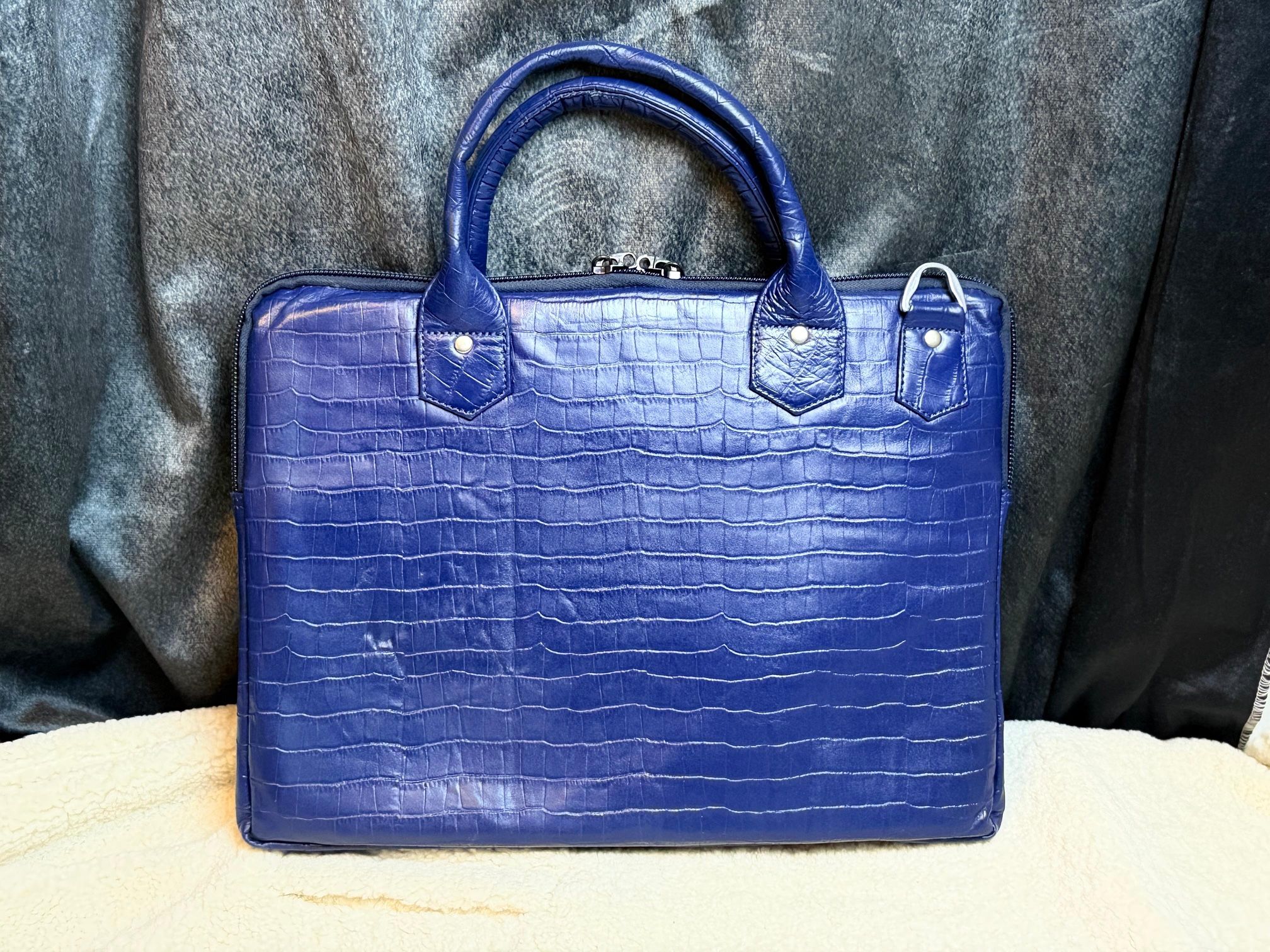 Blue Crocodile Texture Genuine Leather Laptop Briefcase Business Work Bag