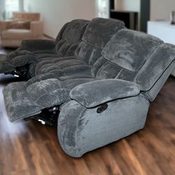 Gray Padded Textured Microfiber 3-Seat Reclining Couch