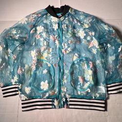 Pre Owned Good Last 2 Photos Thread Snag / Holes Adidas x Pharrell Williams Kauwela Hawaiian Bomber Jacket Track Sheer Floral  Teal Aqua Green  Women 