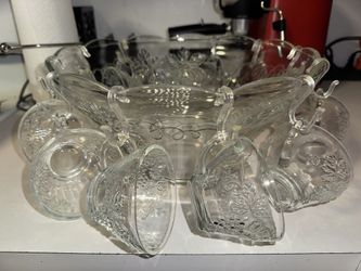Antique Anchor Hocking Grape Embossed Punch Bowl/ 11 Matching Cups