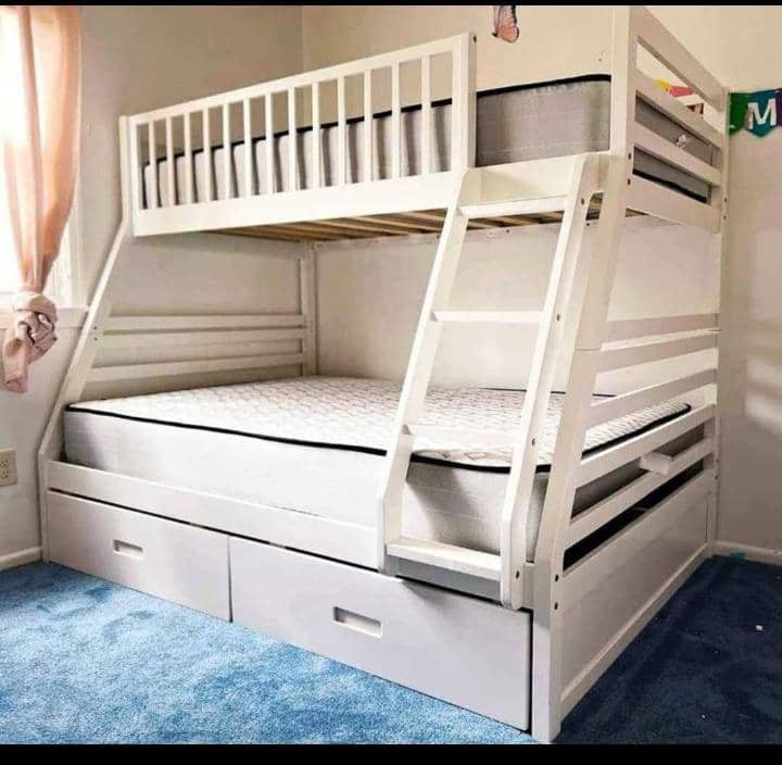White Wooden Twin/Full Bunk Bed With Drawers
