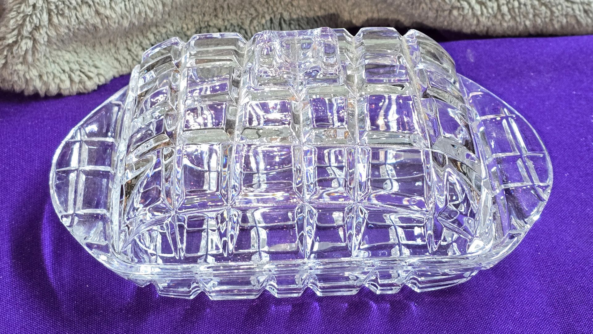 Butter Dish - Cheese Dish - Covered - Cut Crystal Glass - Rectangular - 6.8" Length - Made in Europe - by Barski R1U019