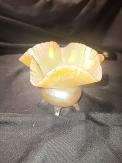 Antique Northwood "Leaf and Beads" Marigold Carnival Glass Footed Nut Bowl Vase C. 1910 - MINT