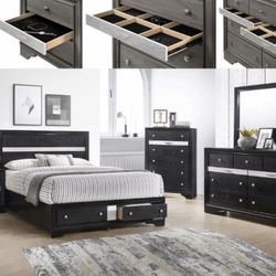 Black or grey Queen bed, dresser, mirror and 1 night stand