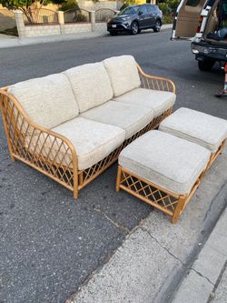 Beautiful bamboo tweed mid century sofa couch ottoman set vintage