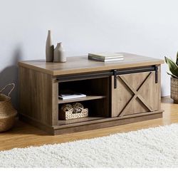 New ROCKPOINT Storage Cabinet Coffee Table with Sliding Barn Door,Dark Oak