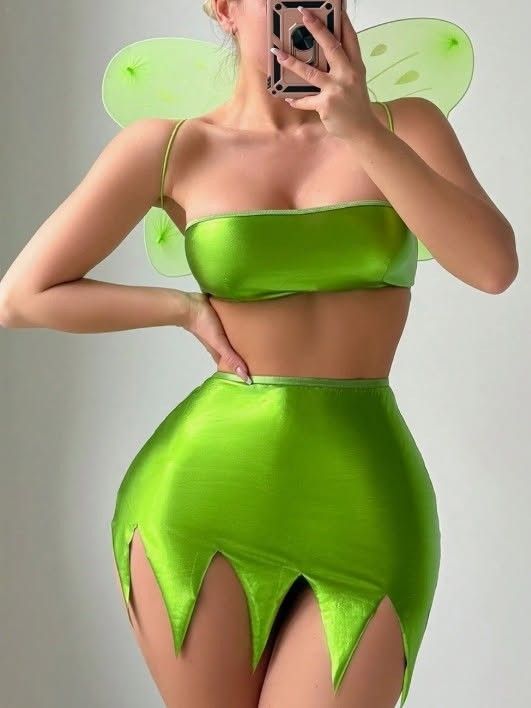 Tinkerbell Costume - Metallic Holographic Asymmetrical With Fairy Butterfly Wing Accessories Size S