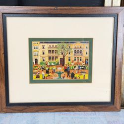 Vintage European Park Scene Framed Print Folk Art Style Wall Decor 12.5x10.5