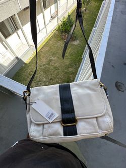 White Leather Crossbody Bag with Black Strap