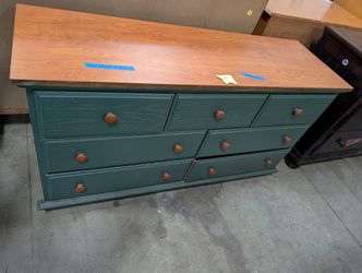 Seven-Drawer Chest with Wood-Grain Top and Green Finish