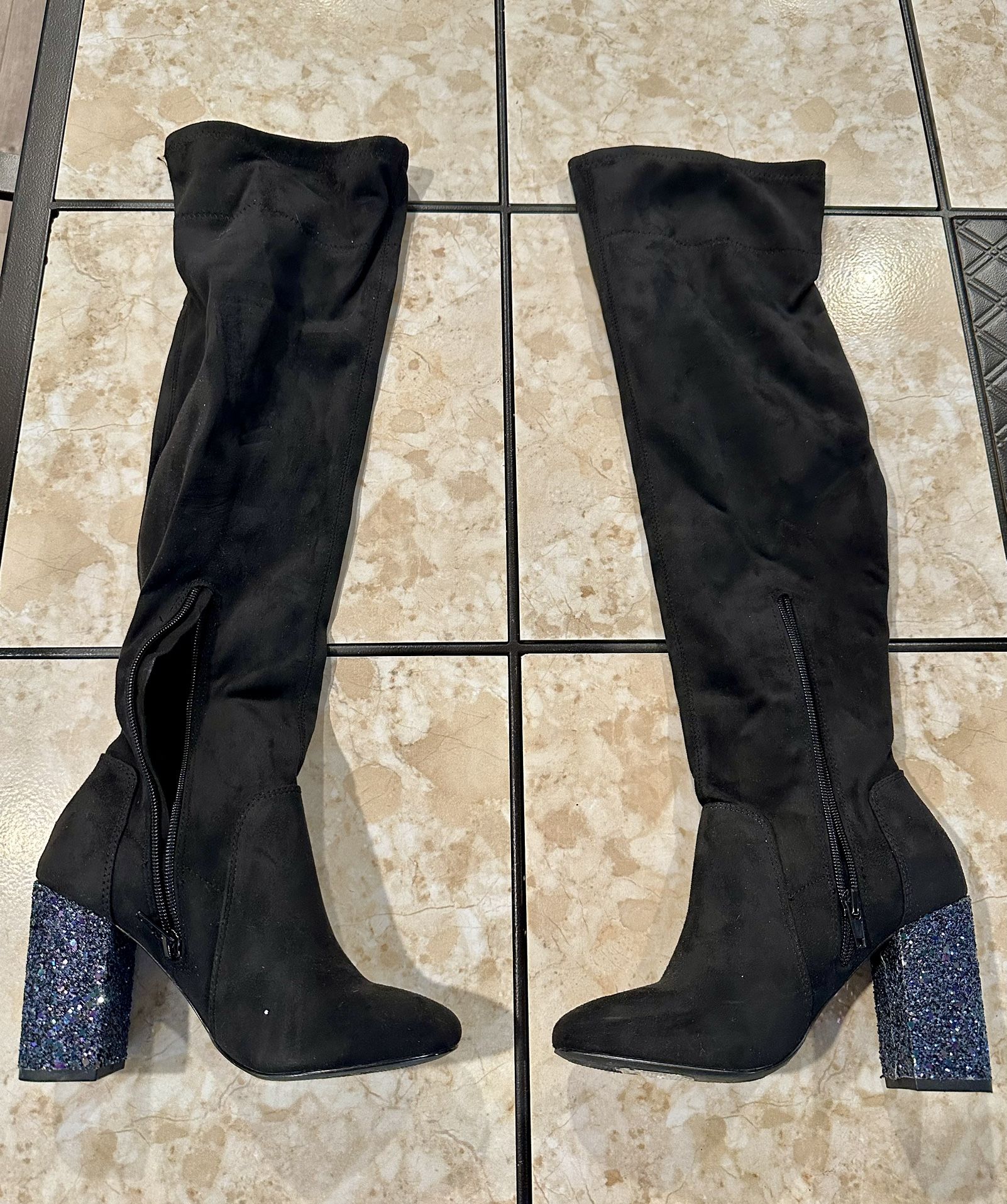 Size 5.5 Mix No. 6 Black Over-the-Knee Boots with Sparkling Heel