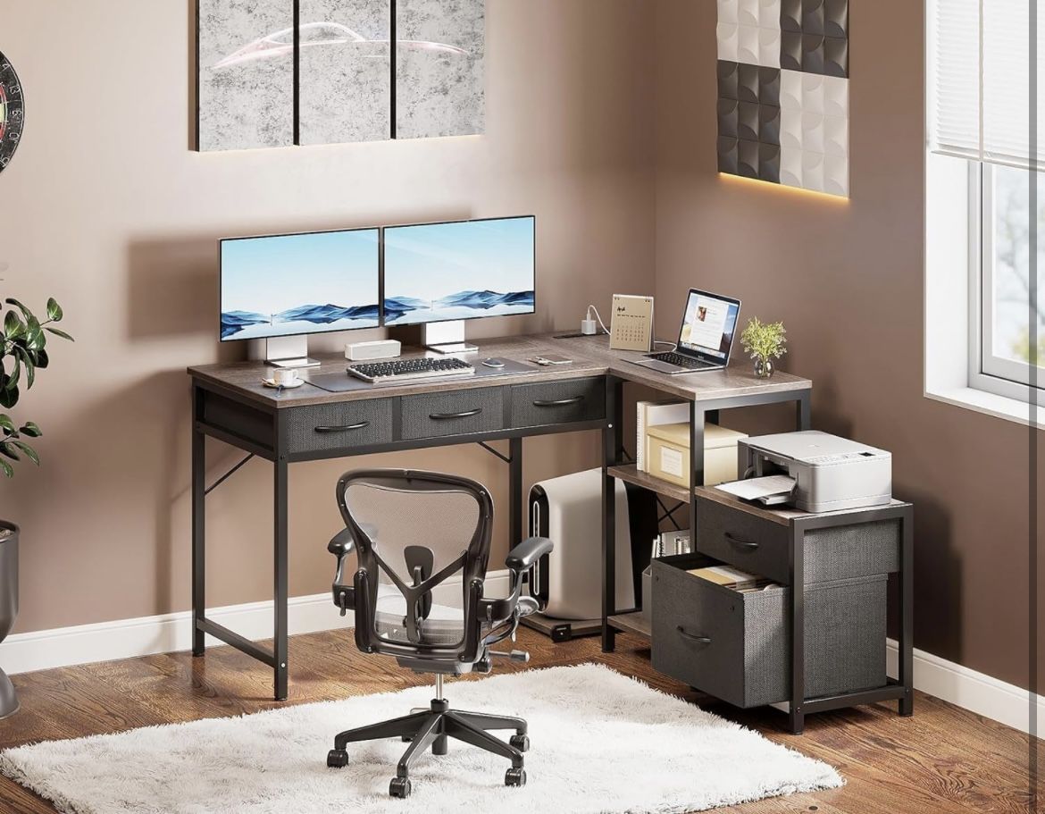 29-82 L Shaped Computer Desk with Fabric Drawers and File Cabinet, 53" Reversible Home Office Workstation Desk