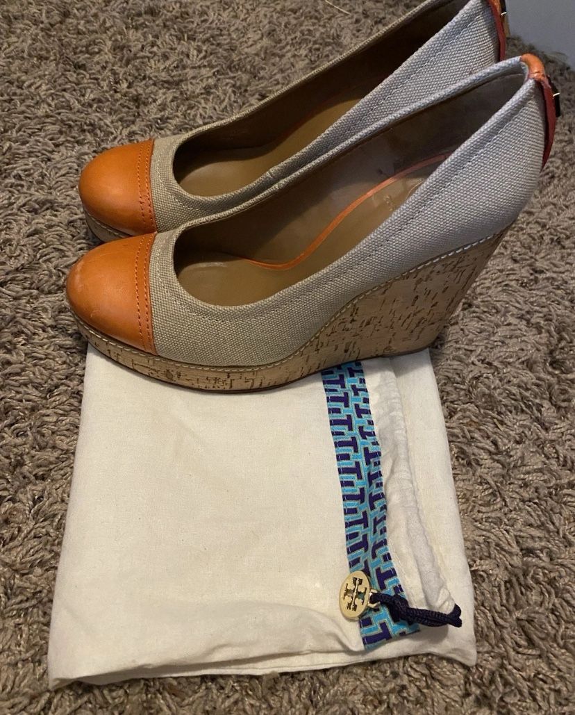 Tory Burch Cream & Orange Cork Wedges Sz 7.5 *MAKE AN OFFER*