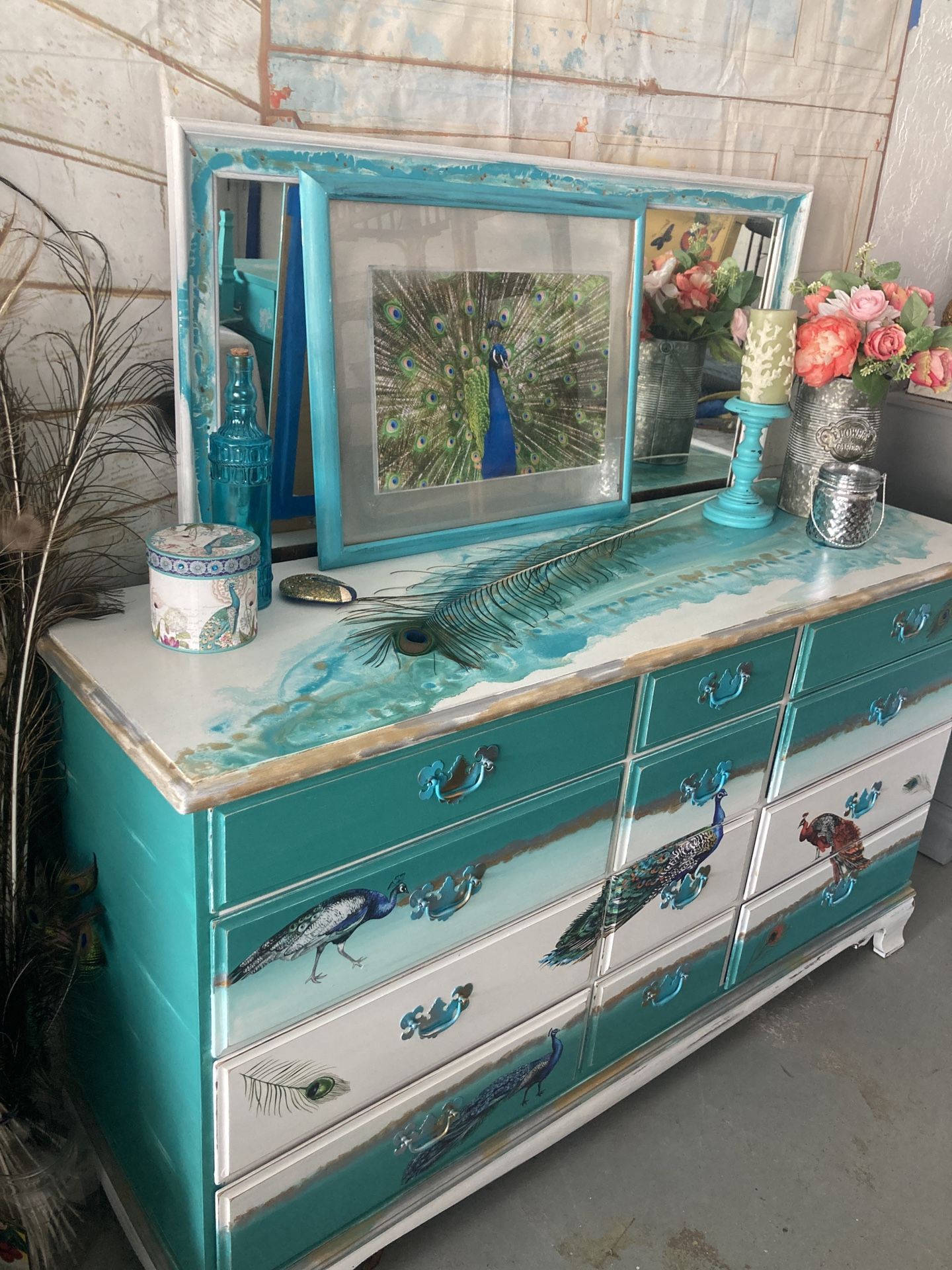 Haywood Wakefield Oak Beautiful Dresser , Mirror And Picture Plus Large Peacock Feather Included