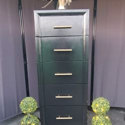Black Tall Dresser Upright 5 Drawers Refinished Black And Gold Pulls 