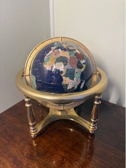 Vintage Lapis Gemstone World Globe | 10” Brass Stand | Semi Precious Stone