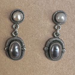 Vintage Sterling Silver & Pearl Dangle Earrings