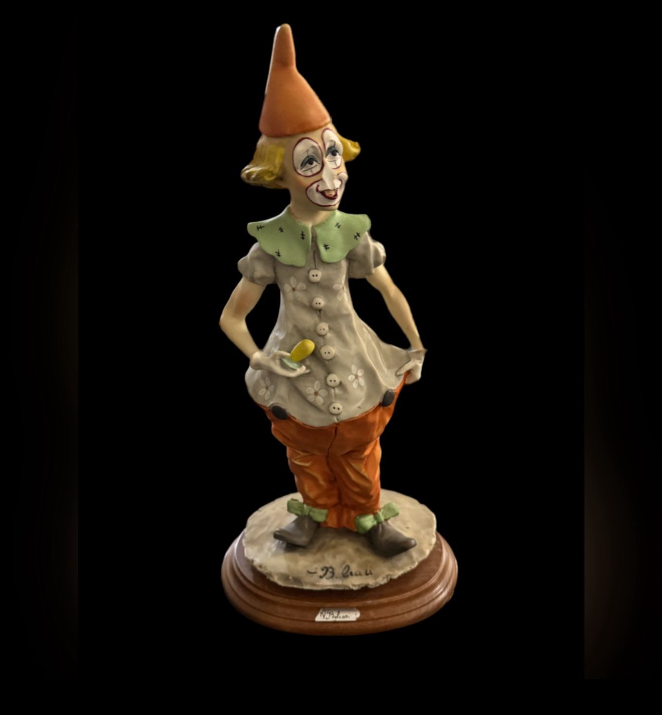 70's Italian Anro Belcari Capodimonte Clown  Resin Sculpture Sign on Wood Base 